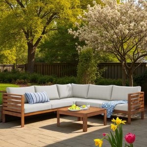 Sleek Wood Structure Outdoor Sofa Set with Cushions – L-Shaped Patio Furniture