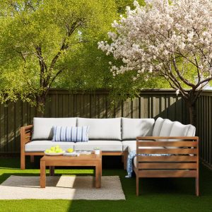 Sleek Wood Structure Outdoor Sofa Set with Cushions – L-Shaped Patio Furniture