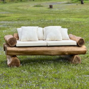 Rustic Log Wood Sofa – Solid Timber Outdoor Bench Sofa, Handcrafted Natural Log Couch for Garden Patio Cabin Lodge Furniture