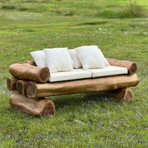 Rustic Log Wood Sofa – Solid Timber Outdoor Bench Sofa, Handcrafted Natural Log Couch for Garden Patio Cabin Lodge Furniture