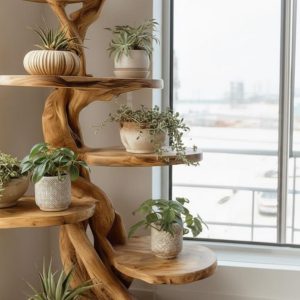 Handcrafted Live Edge Wooden Tree Shelf | Rustic Boho Plant Stand