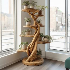 Handcrafted Live Edge Wooden Tree Shelf | Rustic Boho Plant Stand