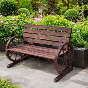 Wooden Garden Bench Cart Wheel Armrest Outdoor Patio Bench Rustic Park Seat Backyard Furniture 2 Seater Garden Decor