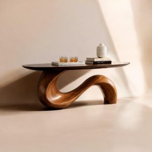 Modern Sculptural Wooden Console Table – Handmade Curved Wood Entryway Table, Minimalist Luxury Furniture