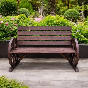 Wooden Garden Bench Cart Wheel Armrest Outdoor Patio Bench Rustic Park Seat Backyard Furniture 2 Seater Garden Decor